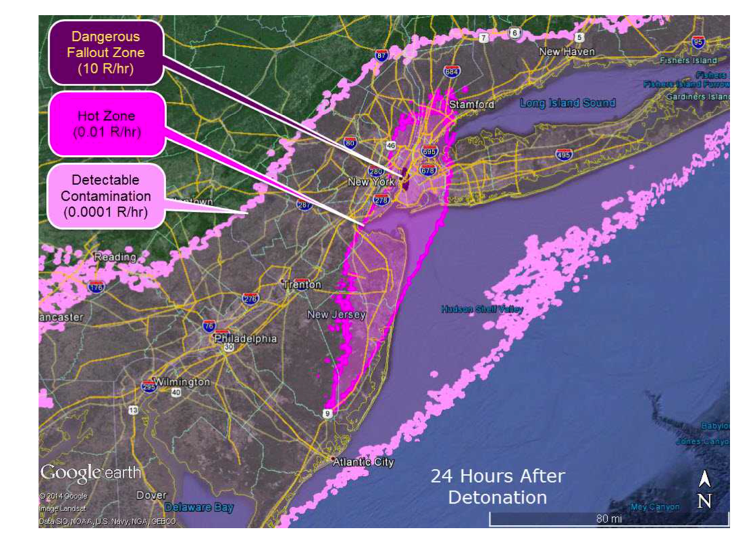 Areas of detectable contamination 24 hours after the detonation